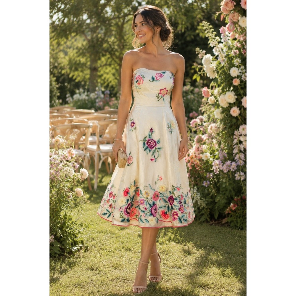 Tibi Strapless Floral Embroidered Silk Dress Cream Small